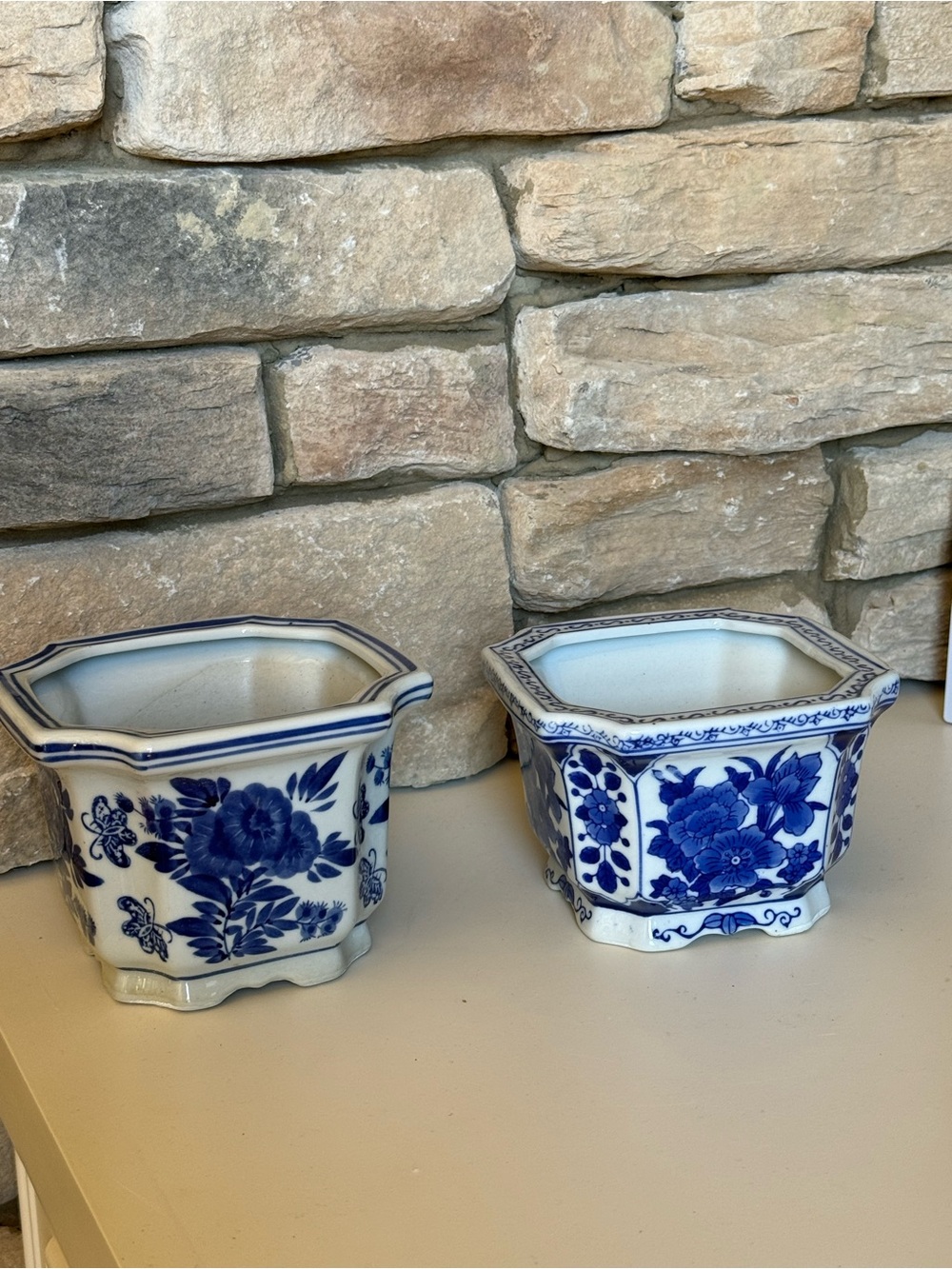 2 Vintage Chinese Blue and White Ceramic Cachepot / Planter